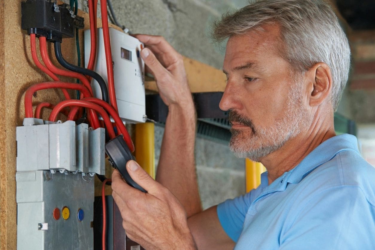 Electrician inspecting wiring while holding tester